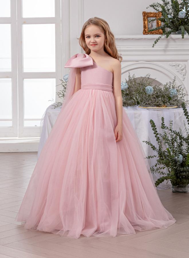 تايك تو فستان طويل بناتي شبكي وردي بكتف واحد - Image 2